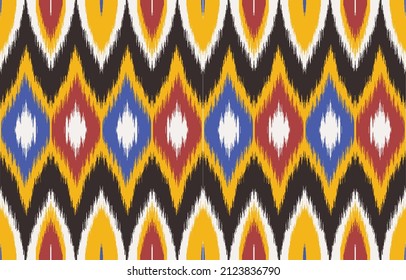 Impresión artística del patrón Ikat Seamless.  Usando en la industria de la moda. Diseño para fondo, alfombra, papel pintado, ropa, envoltura, Batik,tela,Ilustración vectorial. estilo bordado.