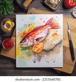 Art print of Still life with watercolor Cut red fish.