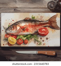 Art print of Still life with watercolor Cut red fish.