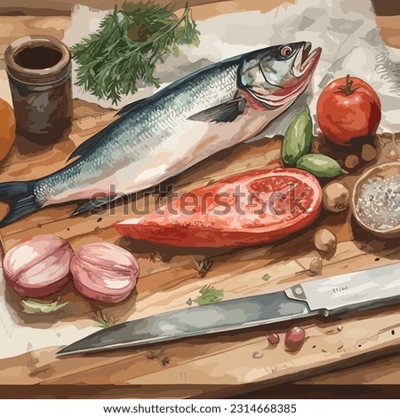 Art print of Still life with watercolor Cut red fish.