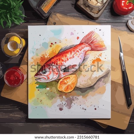 Art print of Still life with watercolor Cut red fish.