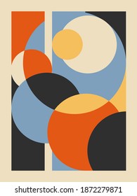 Art print trendy retro bauhaus geometric covers. Use for placards, brochures, posters, banners, wall decoration. Blue, red, black. Home interior poster. Planets, circles vintage design