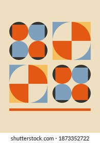 Art print trendy retro bauhaus geometric cover. Use for placards, brochures, posters, banners, wall decoration. Blue, red, black, orange. Home interior poster. Vintage, retro.