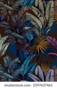 Impressão artística com folhas verdes tropicais e palmeiras. Resumo fundo botânico colorido. Ilustração de vetor desenhada à mão.