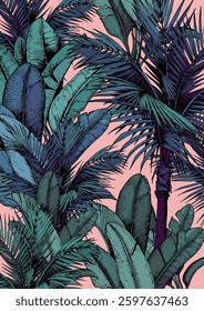 Art print with tropical green leaves and palm trees. Hawaiian style botanical background. Hand drawn vector illustration.