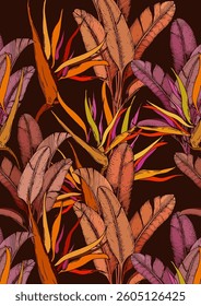 Art print with tropical leaves and exotic strelitzia flowers. Hawaiian style botanical background. Hand drawn vector illustration.