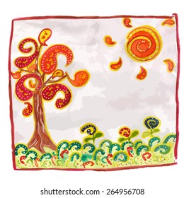 Art. Print. Yoga. Card. Psychedelic tree with the sun. Painted in watercolor.