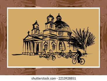 Art prints and wall decorations, interior elements sketch drawings of churches in the old city of Semarang, Central Java, Indonesia