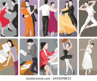 Art professions vector illustrations, collection of artistic and creative occupations. Ballet, classic and modern dancers, professional and amateur. Fashion designers and tailors at work.