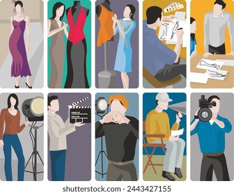 Art professions vector illustrations, collection of artistic and creative occupations. Diverse group of a fashion model, designers and garment tailors, and a film crew at work.