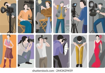 Art professions vector illustrations, collection of artistic and creative occupations. Diverse group of cameramen, operators, photographers, directors, film crew, fashion models and designers at work.