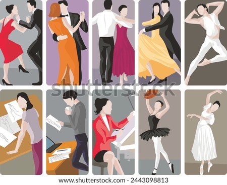 Art professions vector illustrations, collection of artistic and creative occupations. Ballet, classic and modern dancers, professional and amateur. Fashion designers and tailors at work.