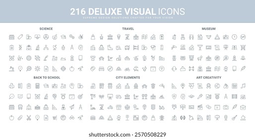 Art project and creativity, school and education, urban elements, science line icon set. History exhibits in museum, gallery, travel and vacation thin black outline symbols vector illustration