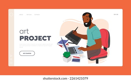 Art Project Landing Page Template. Graphic Designer Male Character Sitting At Desk with Laptop and Tablet Holding Stylus an Hand Drawing Sketches or Create Designs. Cartoon People Vector Illustration