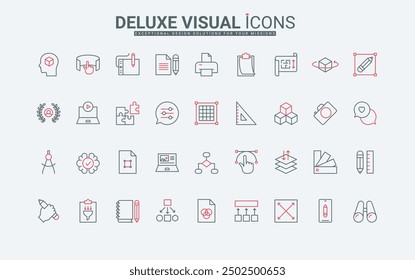 Video Proyecto de arte, herramientas de diseñador e ideas de foto digital y conjunto de iconos de línea de contenido. Diseño gráfico y obra de arte, Configuraciones y opciones de App delgado Ilustración vectorial de símbolos de contorno negro y rojo