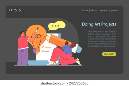 Art projects concept. Creativity flows as friends collaborate on a vibrant piece. Expressive and imaginative joint effort. Flat vector illustration.