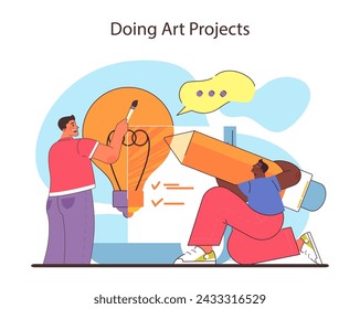 Art projects concept. Creativity flows as friends collaborate on a vibrant piece. Expressive and imaginative joint effort. Flat vector illustration.