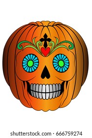 Art pumpkin skull. Hand drawing and make graphic for vector.