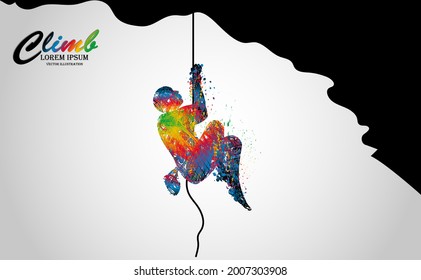 Art rappelling from Cliff. Beautiful athletic man wearing safety harness hikers climbing ledge on a cliff on rock mountain. Adventurer and extreme sport concept white background vector illustration