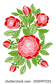 Art red roses with green leaves.
