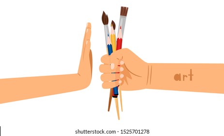 Art rejection flat vector concept illustration. Hand holding brushes and pencils painting supplies. Arm showing stop gesture isolated on white. Social problem, artwork rejecting metaphor