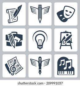 Art related vector icons set: pencraft, dramatics, portfolio, creative, painting, music-making