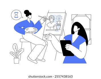 Art restorer isolated cartoon vector illustrations. Museum staff talking with woman about paintings restoration, entertainment business, professional people, art refurbish vector cartoon.