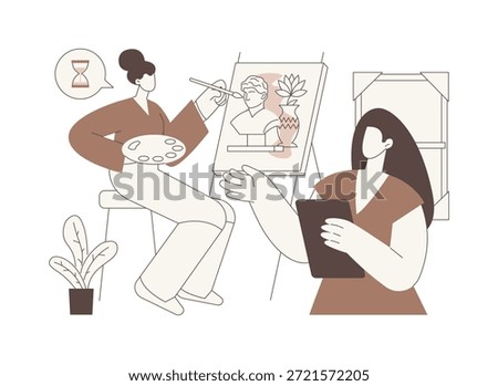 Art restorer isolated cartoon vector illustrations. Museum staff talking with woman about paintings restoration, entertainment business, professional people, art refurbish vector cartoon.