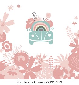 Art with retro car and pink flowers