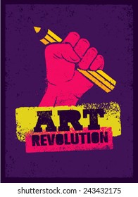 Art Revolution Creative Poster Concept. Hand Holding Pencil Stencil Vector.