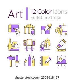 Art RGB color icons set. School subject. Painting and sculpture. Education. Academic discipline. Isolated vector illustrations. Simple filled line drawings collection. Editable stroke