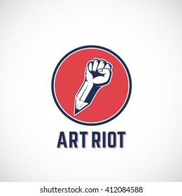 Art Riot Abstract Vector Sign, Symbol, Icon or Logo Template. Rebel Fist Mixed with a Pencil Concept in Red Circle. Stylized Revolution Hand. Isolated.