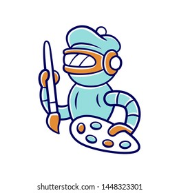 Art robot color icon. Cyborg with brush and palette. Virtual assistance. Artificial intelligence. Conversational agent. Cybernetics. Futuristic technology. Isolated vector illustration