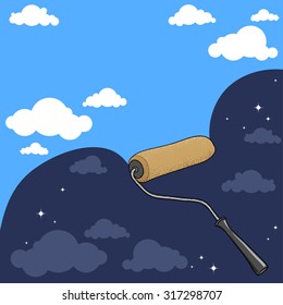 Art roller with alternation of sky in day and night. Concept hand drawn vector illustration.
