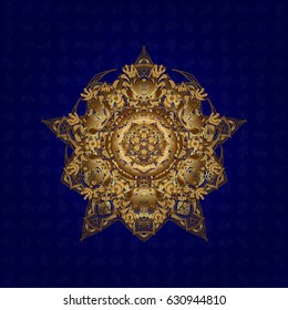 Art, round, colorful ornament with gold gradient isolated on a blue background. Ornate, eastern mandala with golden contour.