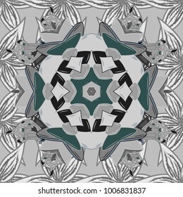 Art, round, colorful ornament on a gray, neutral and blue colors. Ornate, eastern mandala with colored contour.