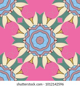 Art, round, colorful ornament on a pink, neutral and beige colors. Ornate, eastern mandala with colored contour.