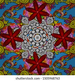 Art, round, colorful ornament on a black, red and blue colors. Ornate, eastern mandala with colored contour.