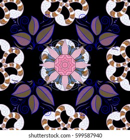 Art, round, colorful ornament on a black background. Ornate, eastern mandala with colored contour.