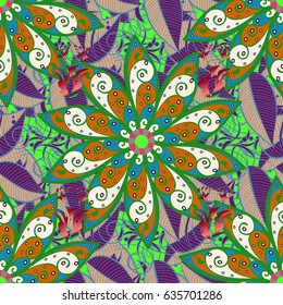 Art, round, colorful ornament on a yellow background. Ornate, eastern mandala with colored contour.