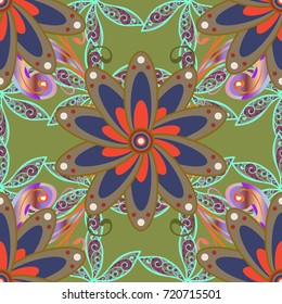 Art, round, colorful ornament on a beige, green and violet colors. Ornate, eastern mandala with colored contour.
