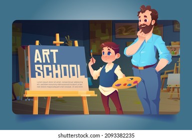 Art school banner with boy and teacher in classroom. Vector landing page of artist studio with cartoon illustration of child student with brush and palette draws on canvas