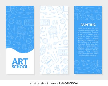 Art School Banner Templates Set with Place for Text and Artistic Materials Hand Drawn Seamless Pattern Vector Illustration