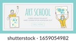 Art school banner vector template with text space. Smiling outline cartoon people holding posters with colorful geometric figures. World art day, creative, artistic courses card design.