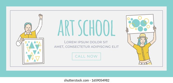 Art school banner vector template with text space. Smiling outline cartoon people holding posters with colorful geometric figures. World art day, creative, artistic courses card design.