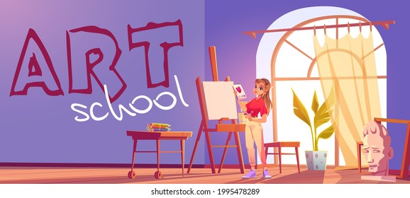 Art school cartoon banner. Artist girl at easel paint flower. Painter young woman in teenage clothes holding pencil and sketchbook with rose blossom sketch. Workshop studio class vector illustration