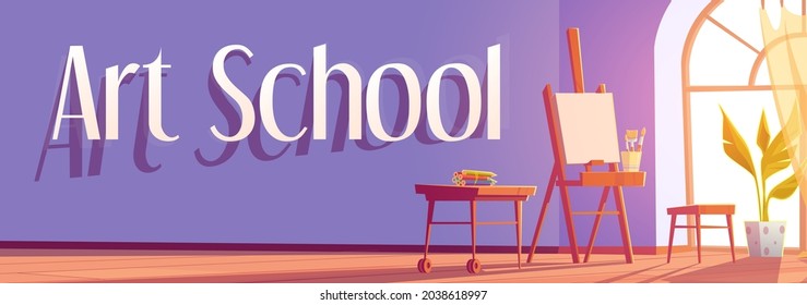 Art school cartoon banner, artist studio room interior with painting stuff canvas on easel, paint, brushes and colored pencils on wood desk and potted plant at wide arched window, Vector illustration