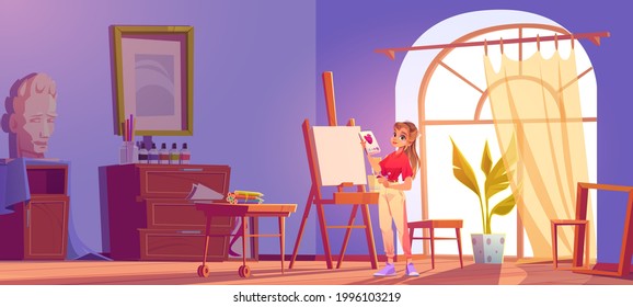 Art school cartoon illustration. Artist girl at easel paint flower. Painter young woman in teenage clothes holding pencil and sketchbook with rose blossom sketch. Workshop studio class vector interior