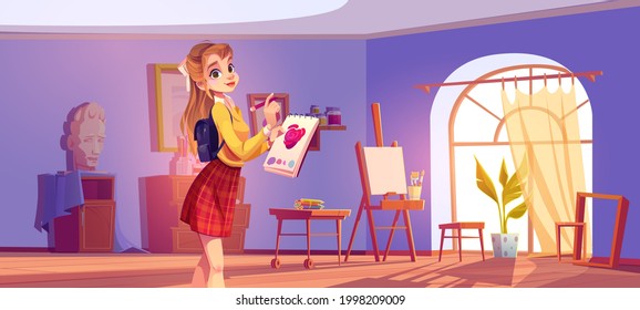 Art school cartoon illustration. Artist girl at easel paint flower. Painter young woman in teenage clothes holding pencil and sketchbook with rose blossom sketch. Workshop studio class vector interior