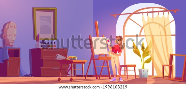 Art school cartoon illustration. Artist girl at\
easel paint flower. Painter young woman in teenage clothes holding\
pencil and sketchbook with rose blossom sketch. Workshop studio\
class vector interior